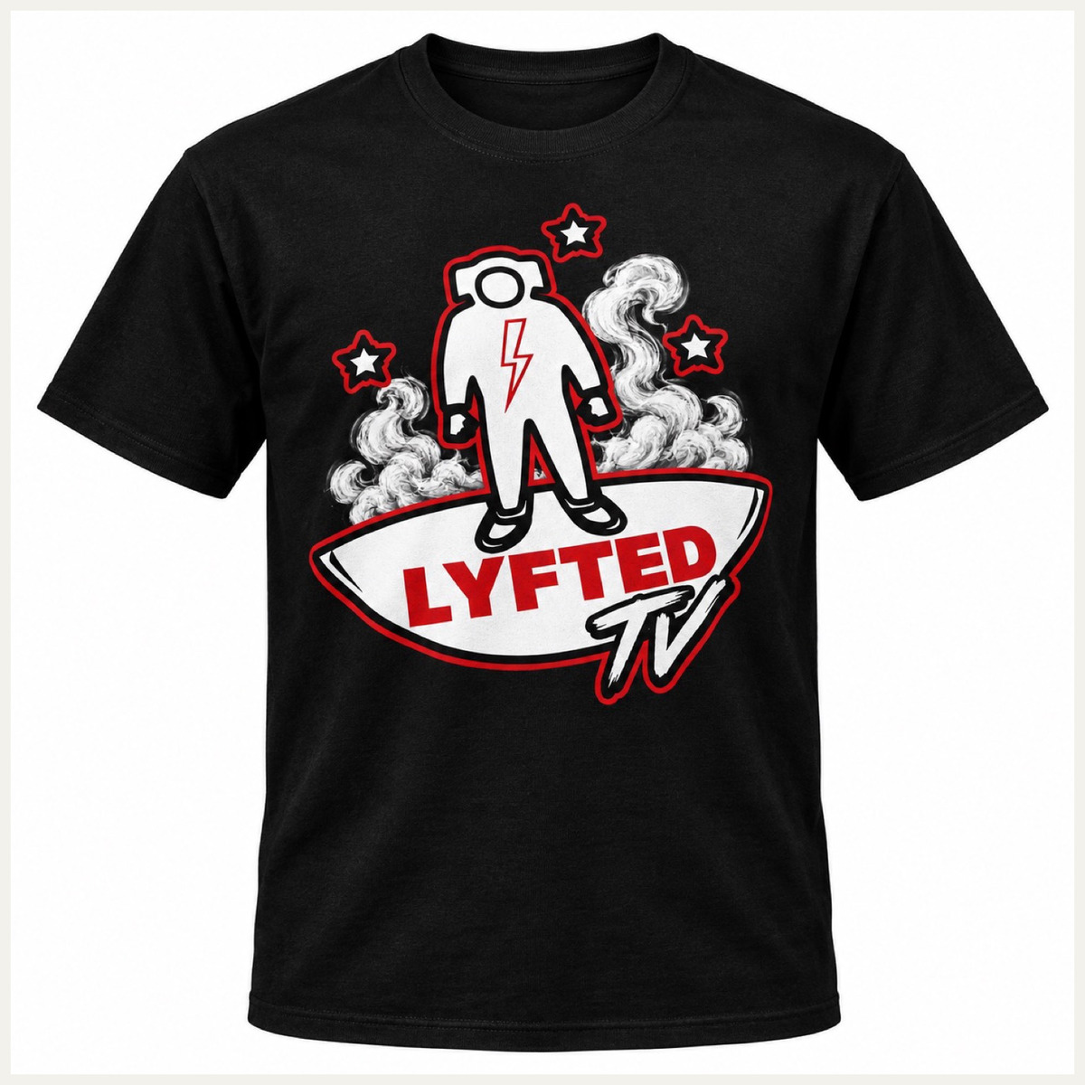 Black LyftedTV.merch tee with the astronaut mark